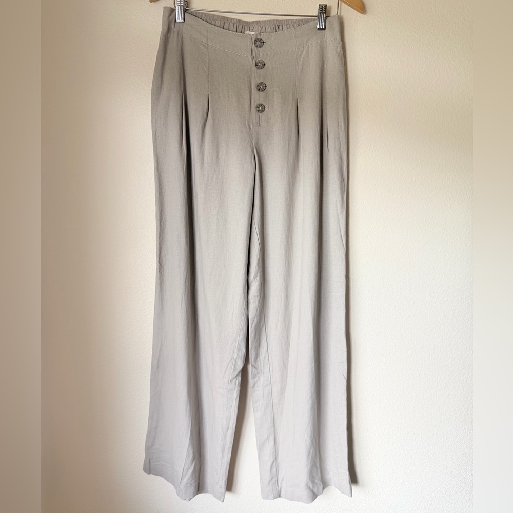 Sincerely Jules Wide Leg Linen Button-Front Pants - Light Taupe, Size Medium
